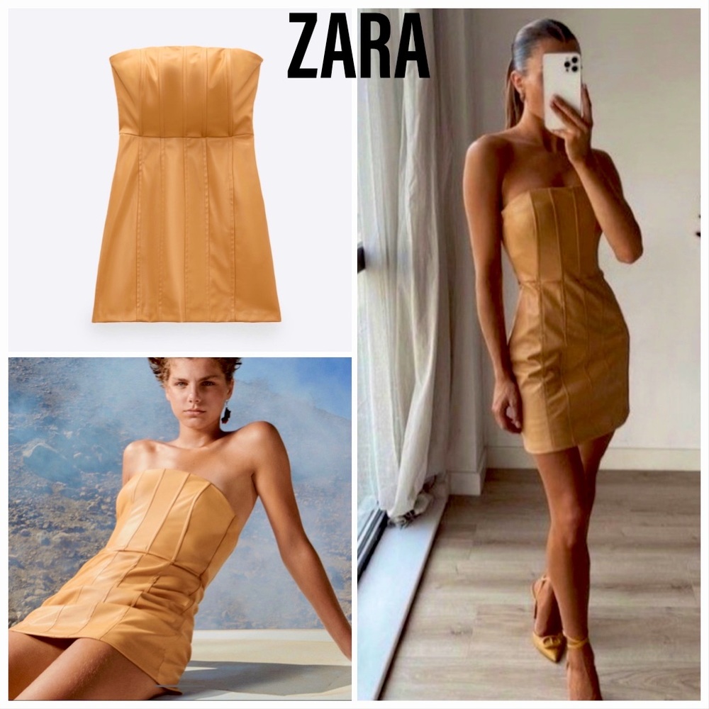 ZARA WOMAN SS21 CARAMEL FAUX LEATHER DRESS
